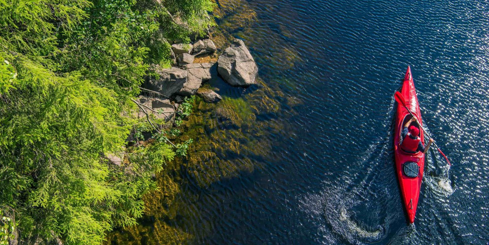 View of kayaker on river from above