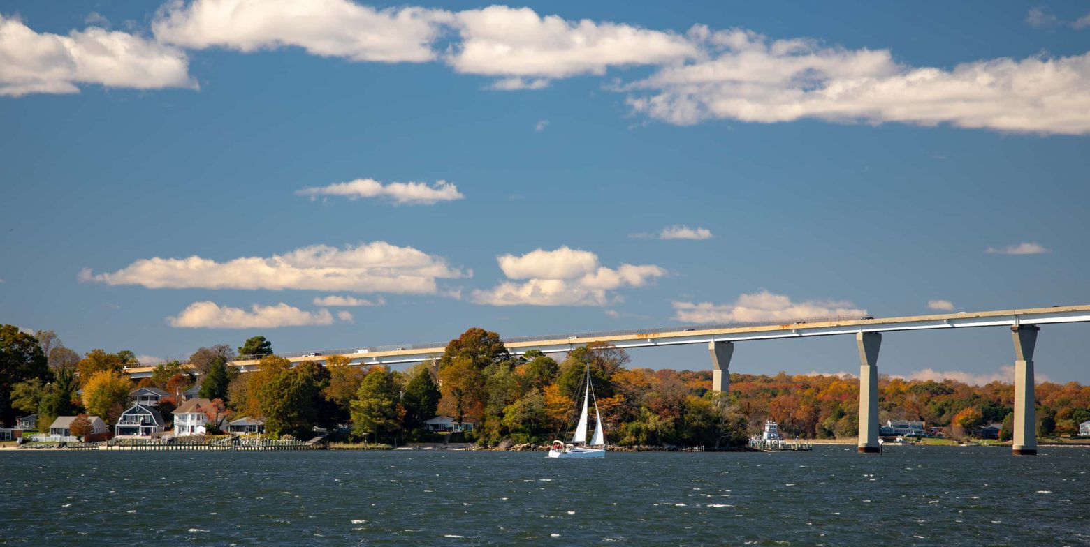 Scenic autumn view from Solomons Island where the Chesapeake Bay meets the Patuxent River in Southern Maryland USA