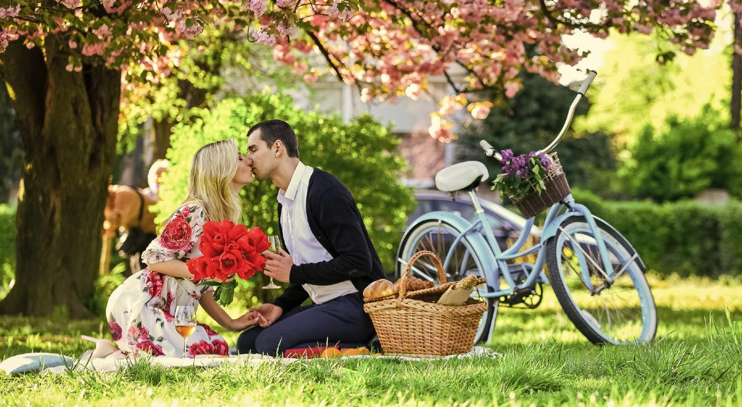 Couple Kissing During Romantic Picnic